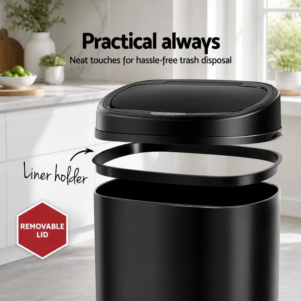 58L Motion Sensor Rubbish Bin in Black Steel