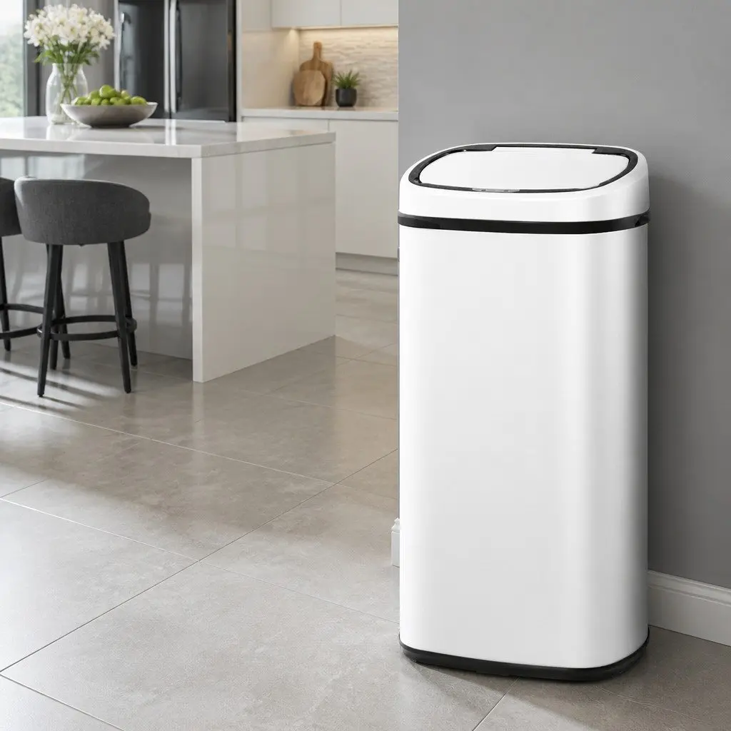 Automatic 68L Motion Sensor Rubbish Bin in White Steel
