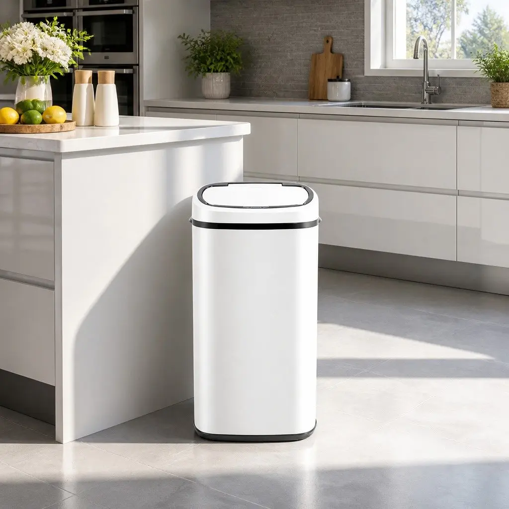 Automatic 68L Motion Sensor Rubbish Bin in White Steel