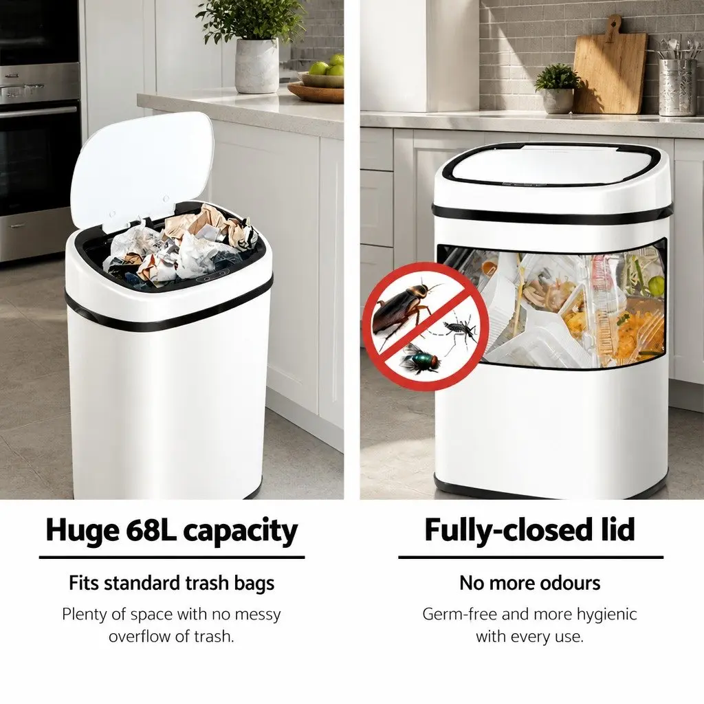 Automatic 68L Motion Sensor Rubbish Bin in White Steel
