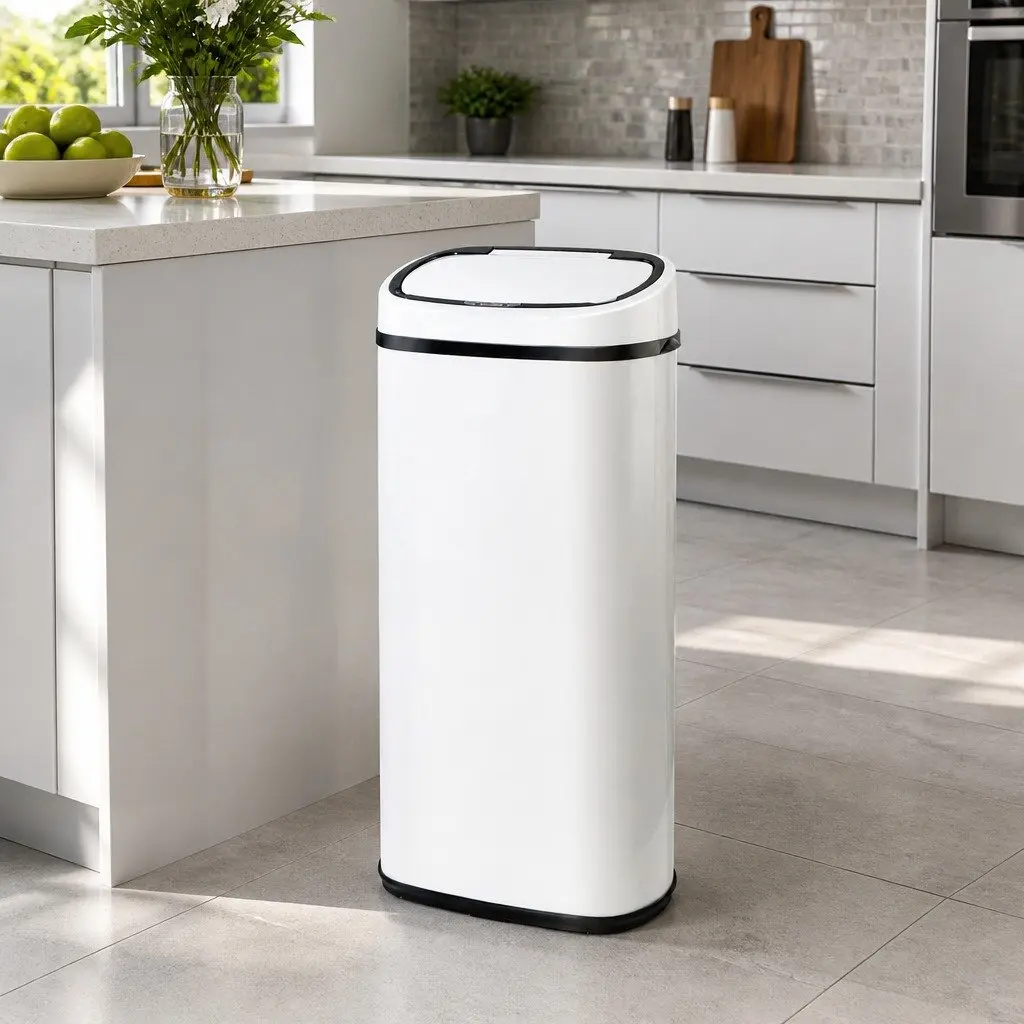 Automatic 68L Motion Sensor Rubbish Bin in White Steel