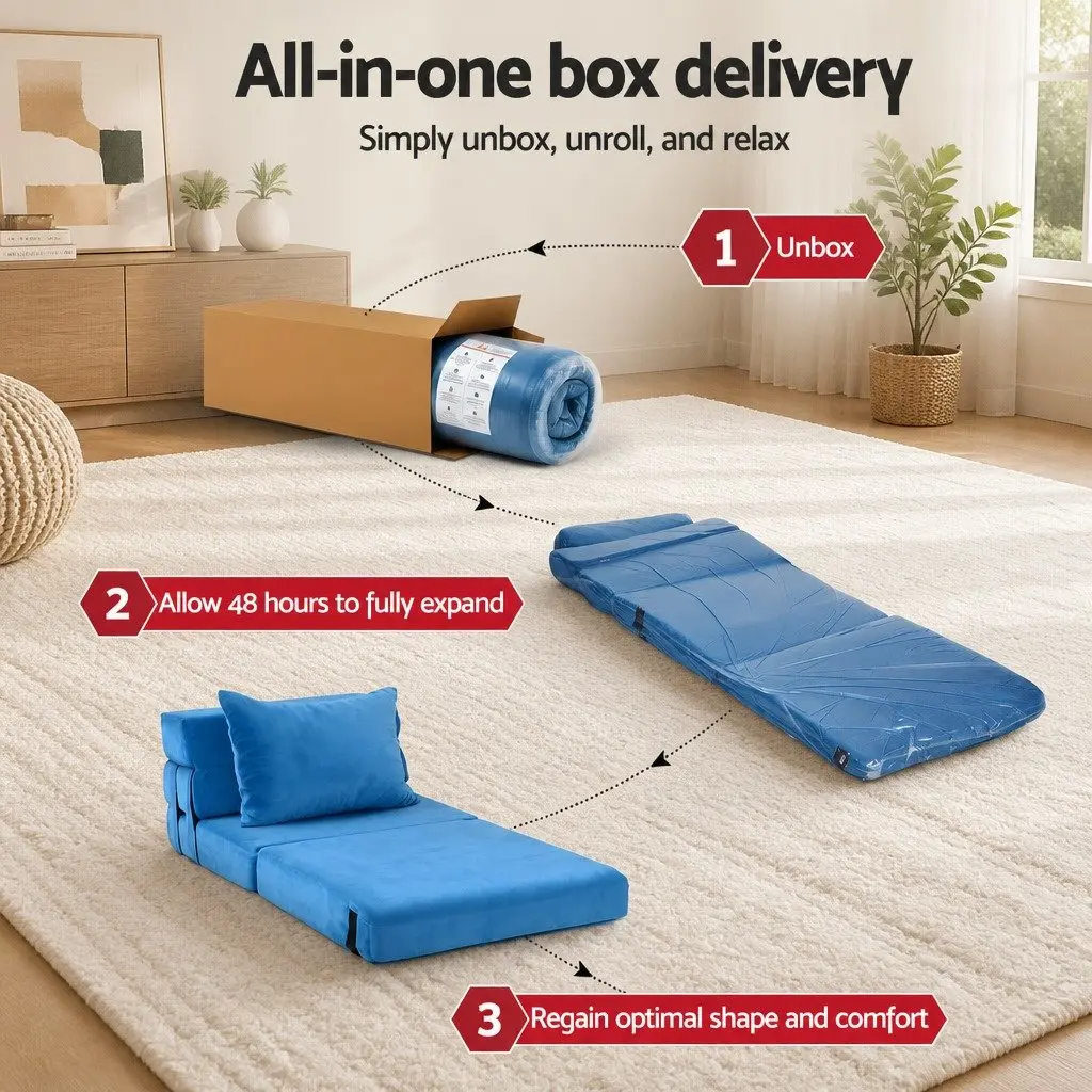 Sofa Bed Foam Velvet Blue 3-in-1 Folding Armless Lounger