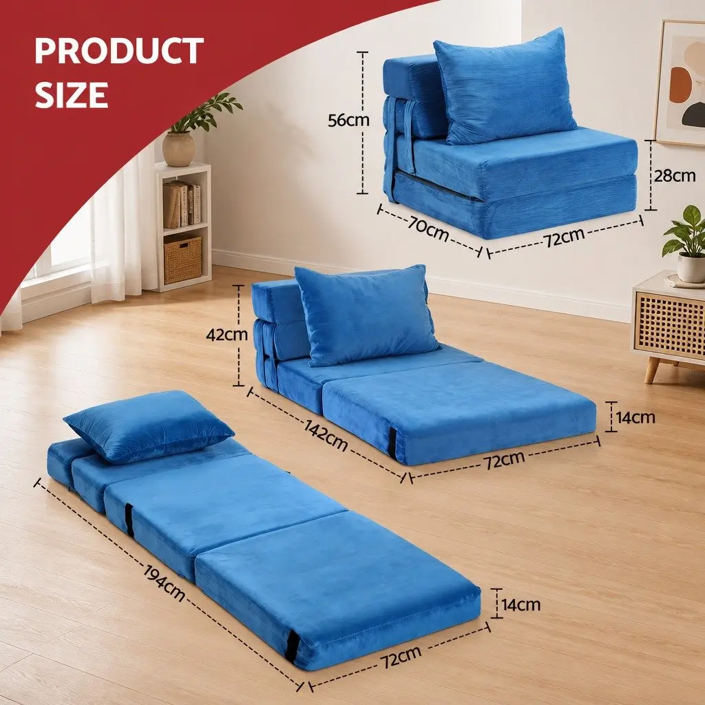 Sofa Bed Foam Velvet Blue 3-in-1 Folding Armless Lounger