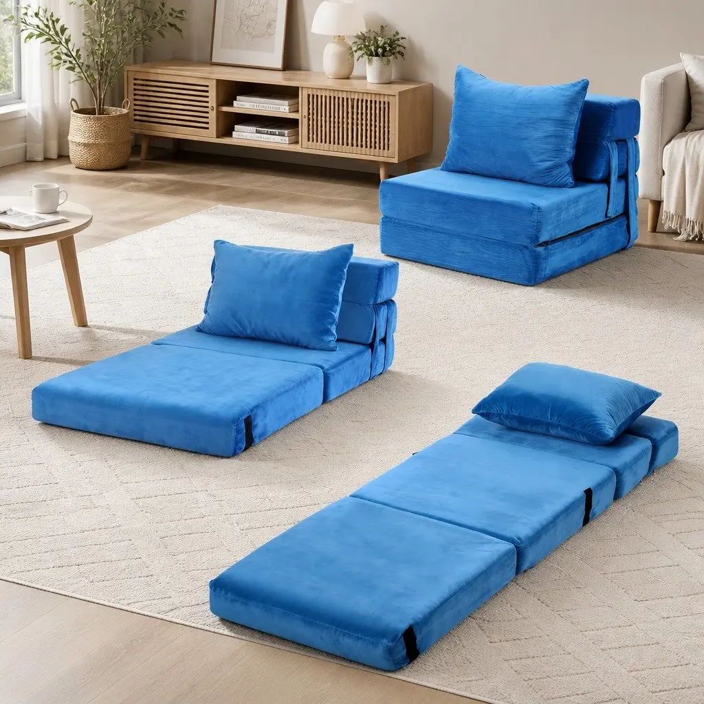 Sofa Bed Foam Velvet Blue 3-in-1 Folding Armless Lounger