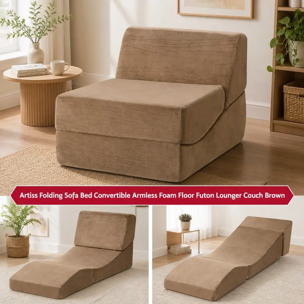 Folding Sofa Bed Velvet Fabric Brown 3-in-1 Convertible Foam Lounger Chair