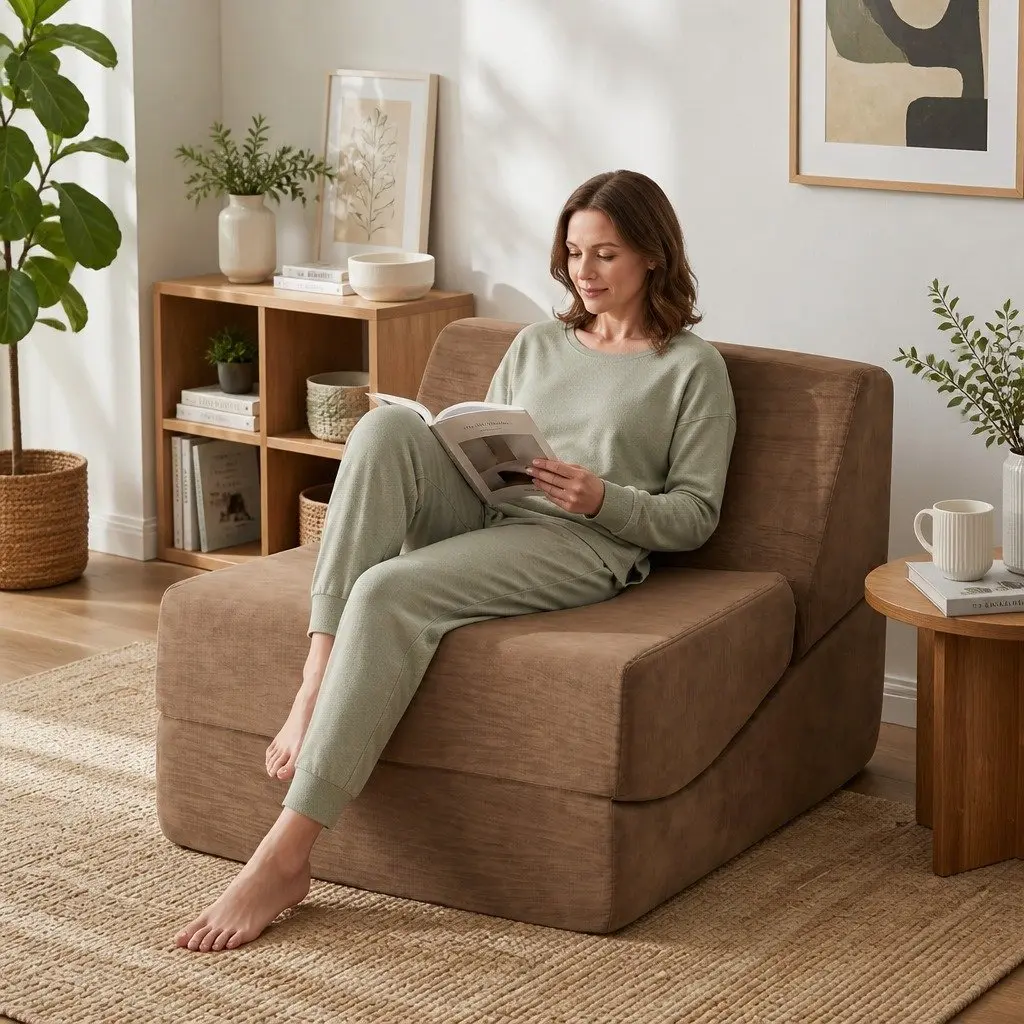 Folding Sofa Bed Velvet Fabric Brown 3-in-1 Convertible Foam Lounger Chair