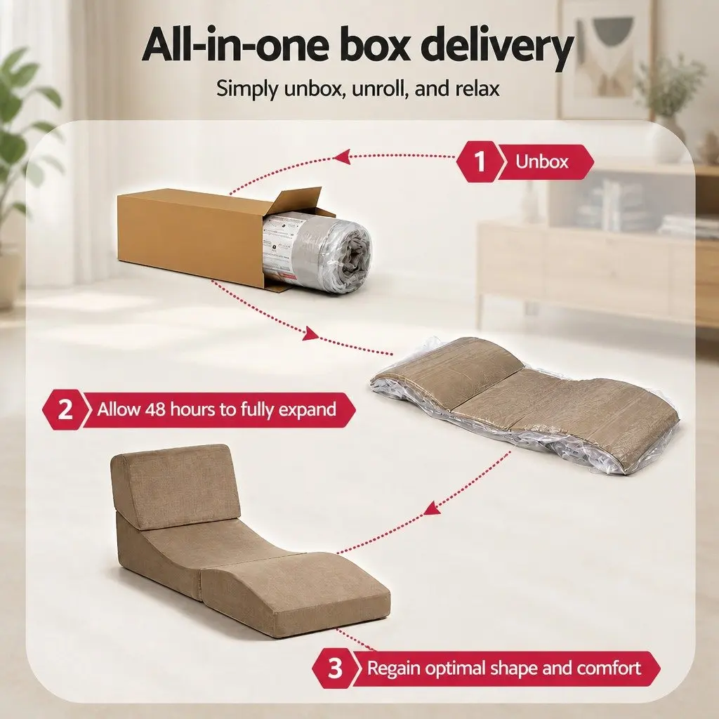 Folding Sofa Bed Velvet Fabric Brown 3-in-1 Convertible Foam Lounger Chair