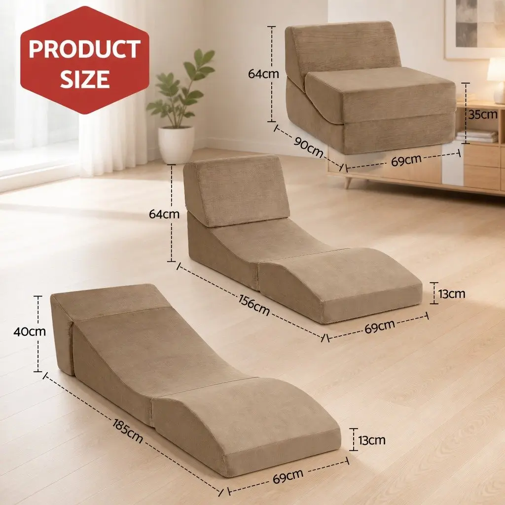 Folding Sofa Bed Velvet Fabric Brown 3-in-1 Convertible Foam Lounger Chair
