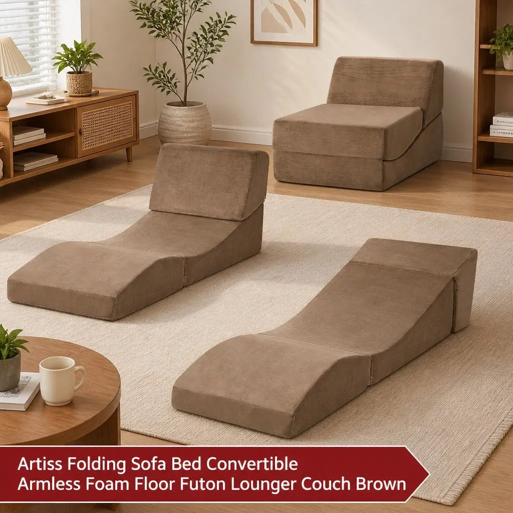 Folding Sofa Bed Velvet Fabric Brown 3-in-1 Convertible Foam Lounger Chair