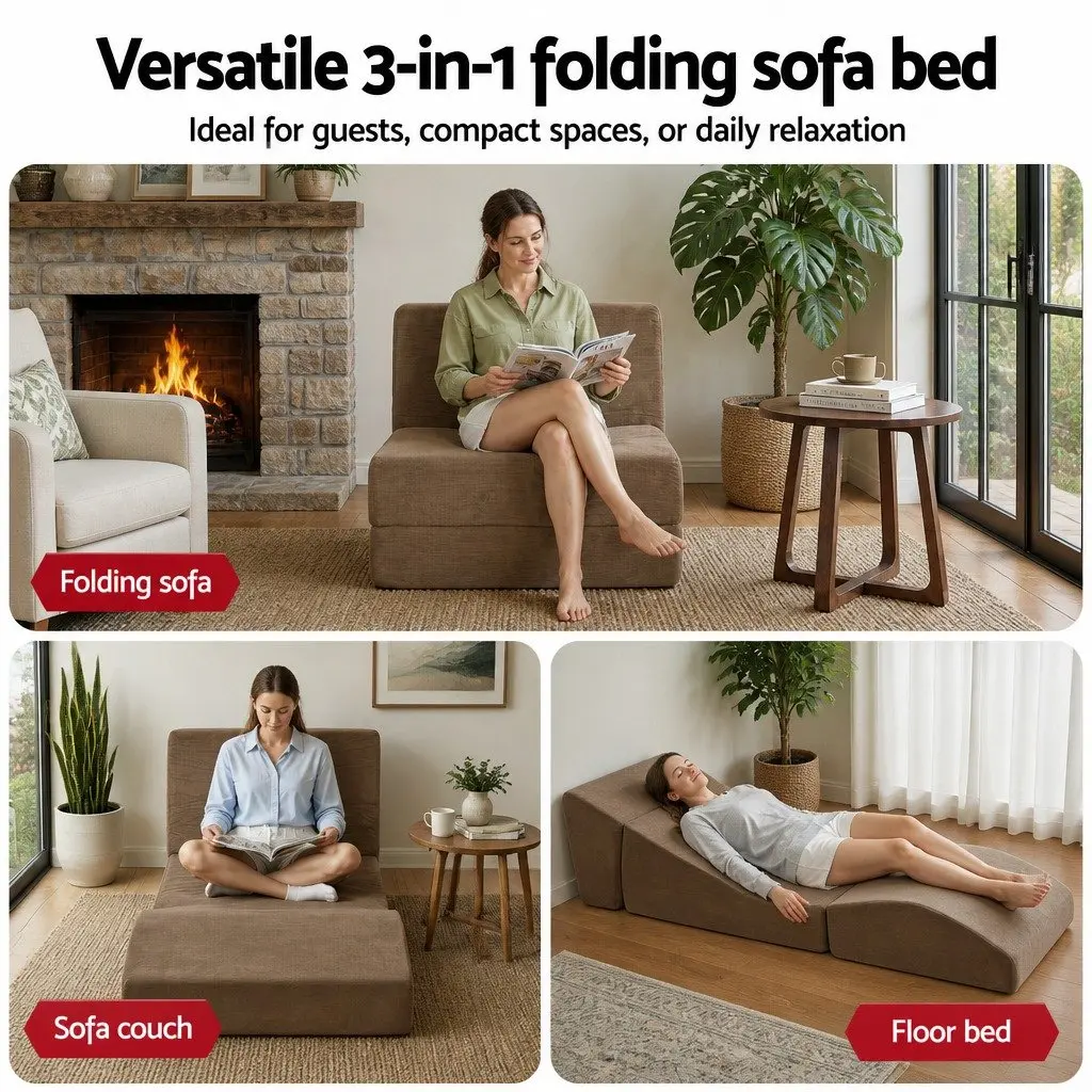 Folding Sofa Bed Velvet Fabric Brown 3-in-1 Convertible Foam Lounger Chair