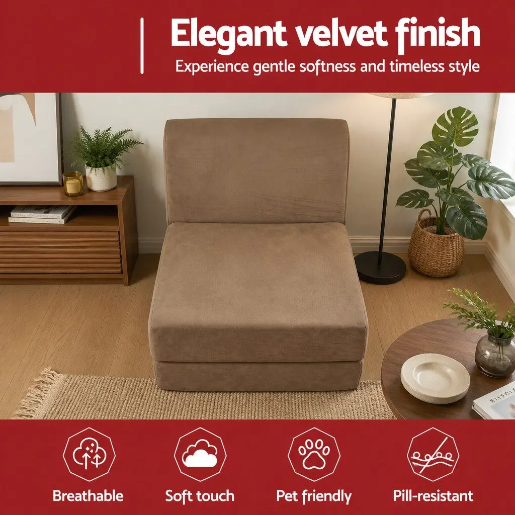Folding Sofa Bed Velvet Fabric Brown 3-in-1 Convertible Foam Lounger Chair