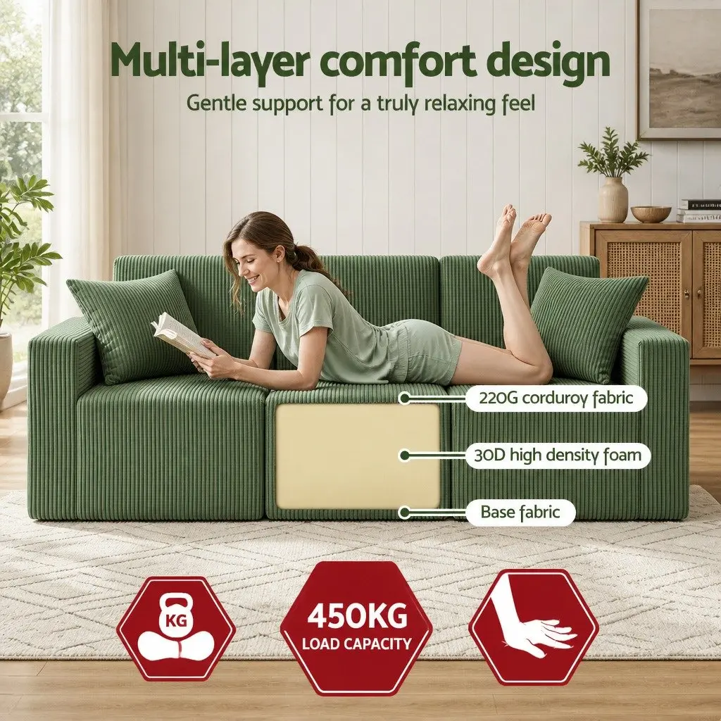 Green 3-Seater Modular Sofa Bed with Pillows