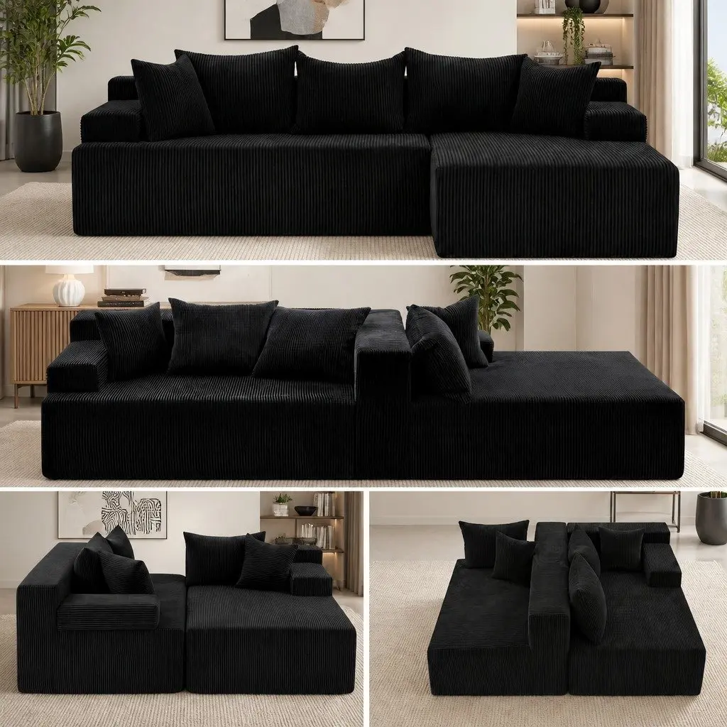 L-Shaped Sectional Sofa Bed Corduroy Fabric 4-Seater Black
