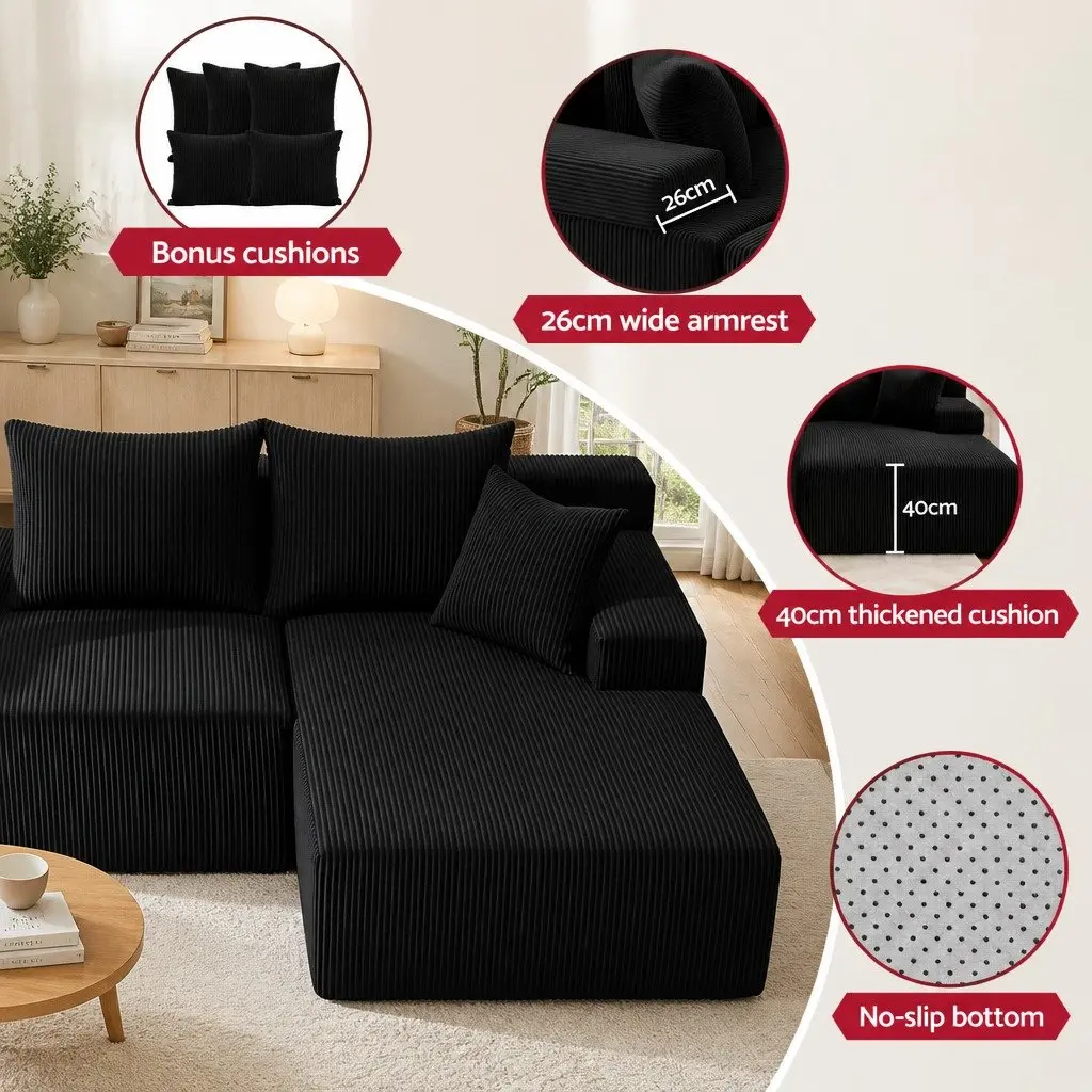 L-Shaped Sectional Sofa Bed Corduroy Fabric 4-Seater Black