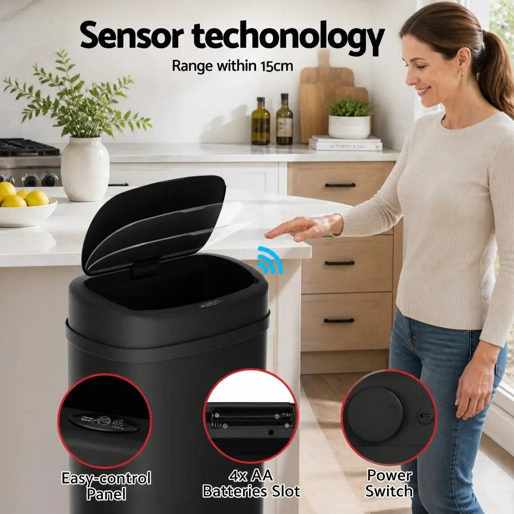 Hands-Free Motion Sensor Trash Can 50L in Black