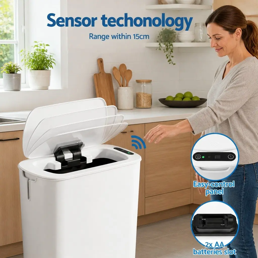 Automatic Bin PP 11L White Slim Touchless Motion Sensor Kitchen Waste