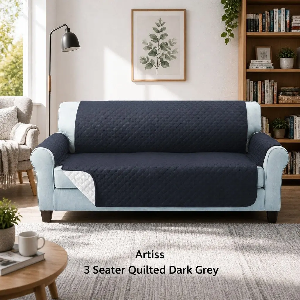 Sofa Cover 3 Seater Quilted Dark Grey Couch Protector Anti-Slip Machine Washable