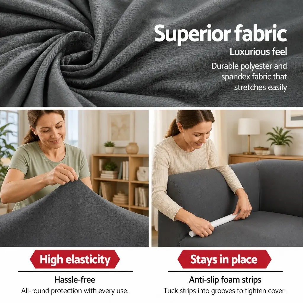 2 Seater Grey Sofa Cover with Anti-Slip Strips