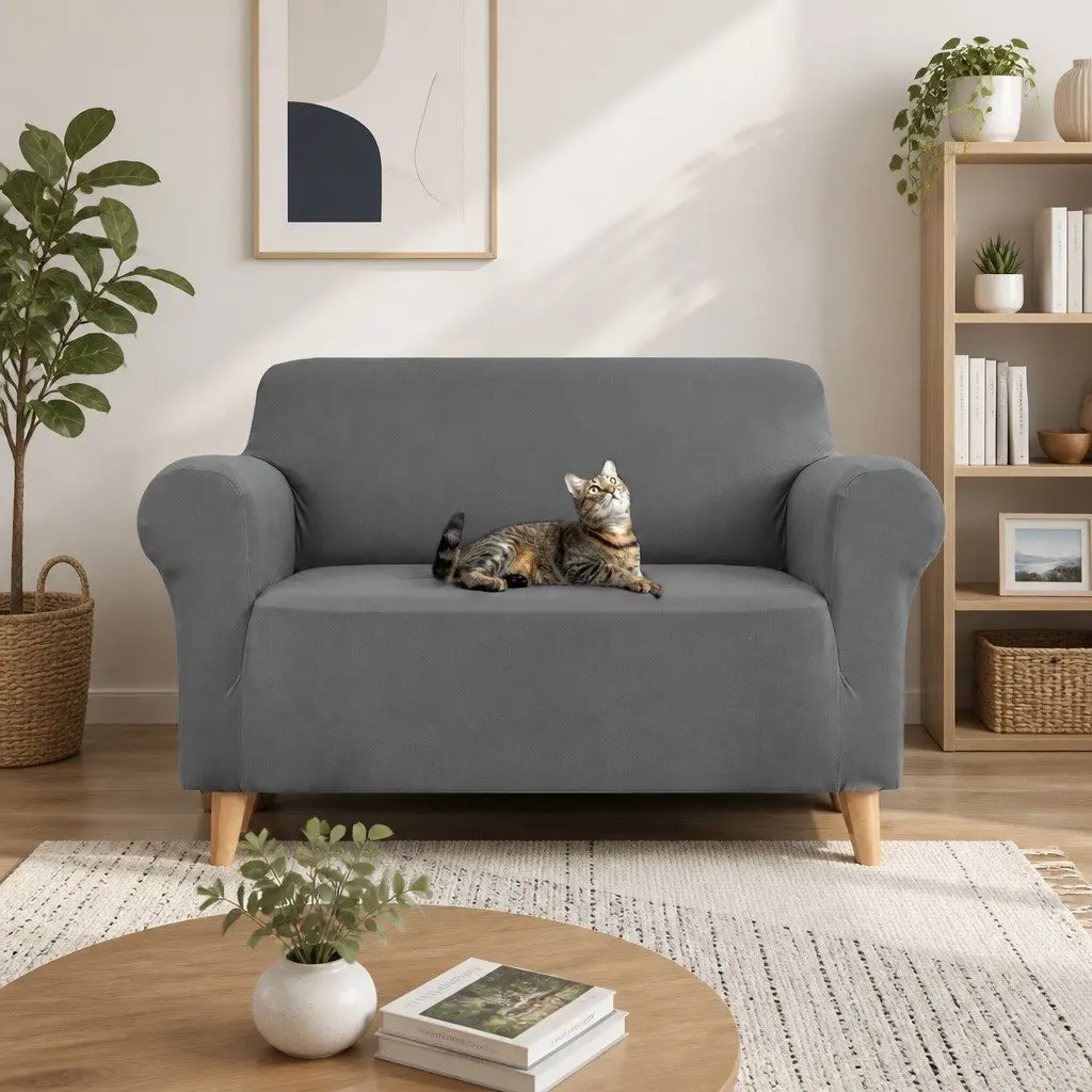 2 Seater Grey Sofa Cover with Anti-Slip Strips