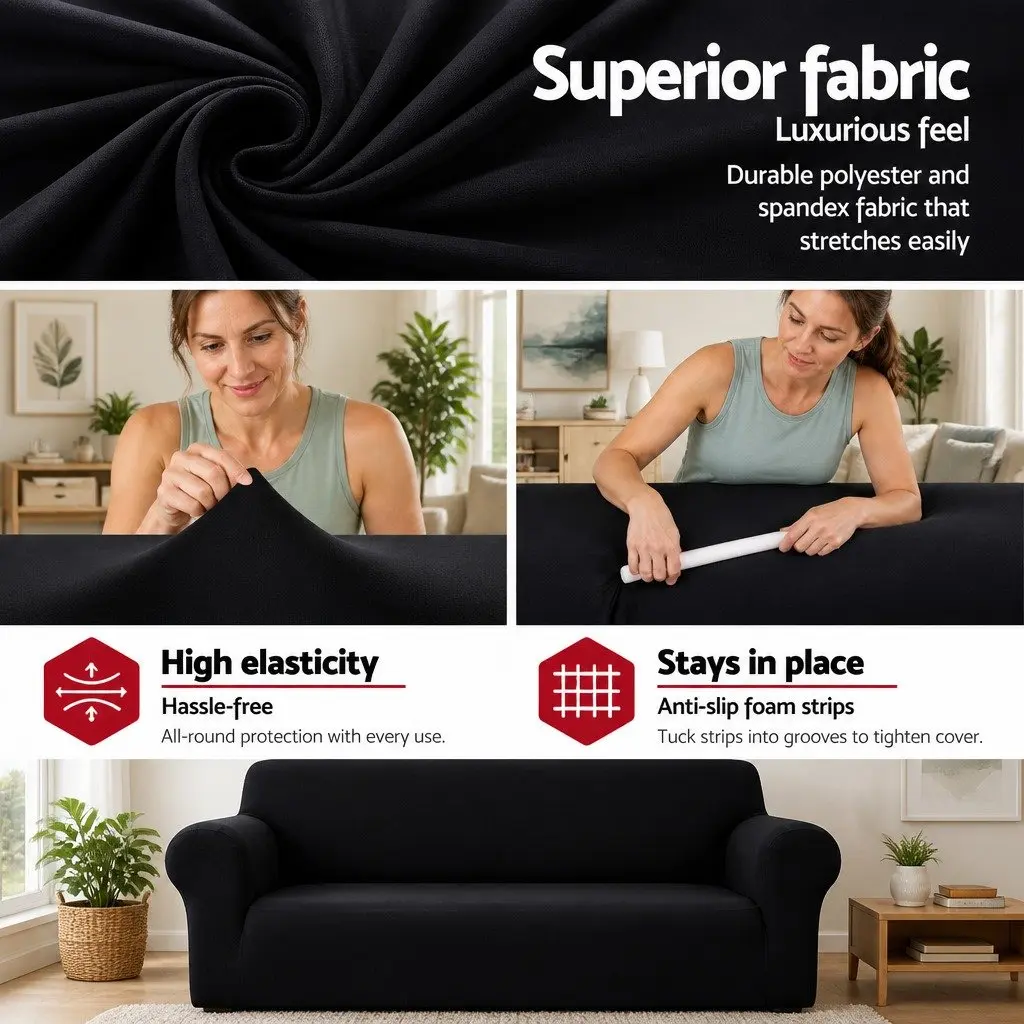 Sofa Cover Couch Covers 3 Seater Stretch Knitted Fabric Black Easy Installation