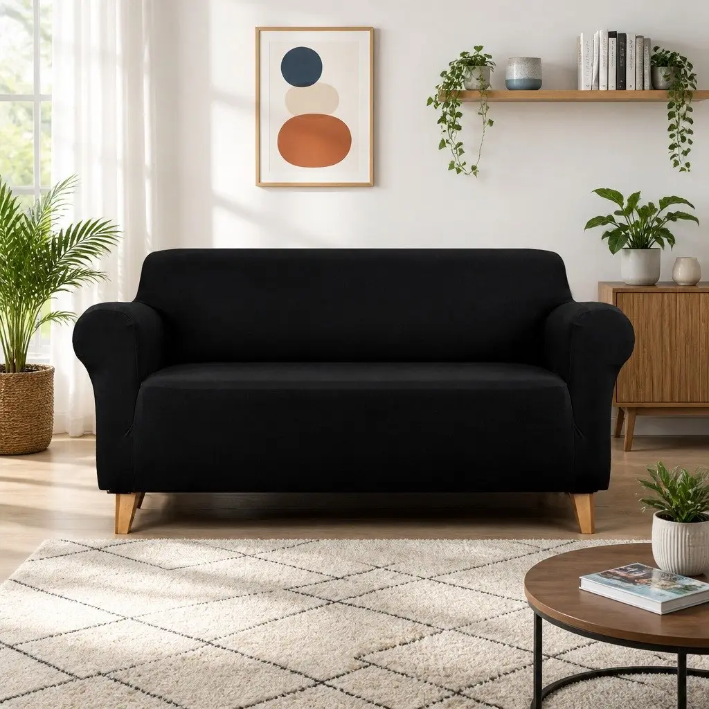 Sofa Cover Couch Covers 3 Seater Stretch Knitted Fabric Black Easy Installation