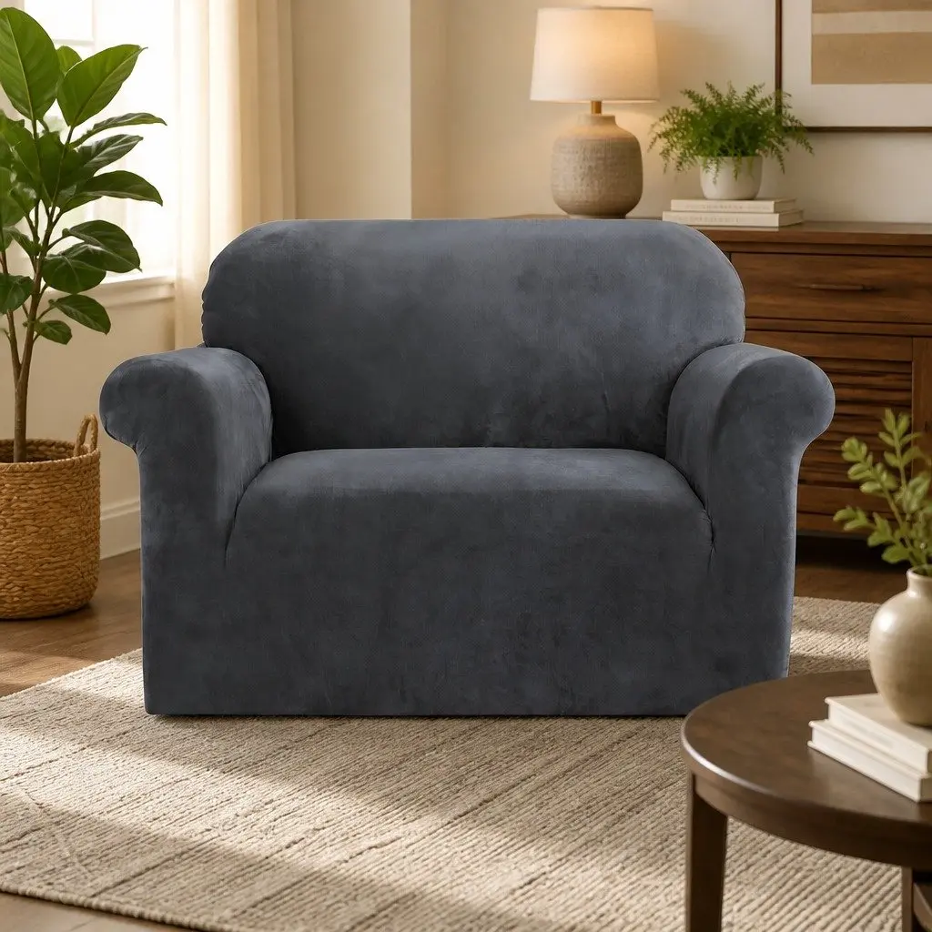 Grey Velvet Stretch Sofa Cover for 1 Seater Couch