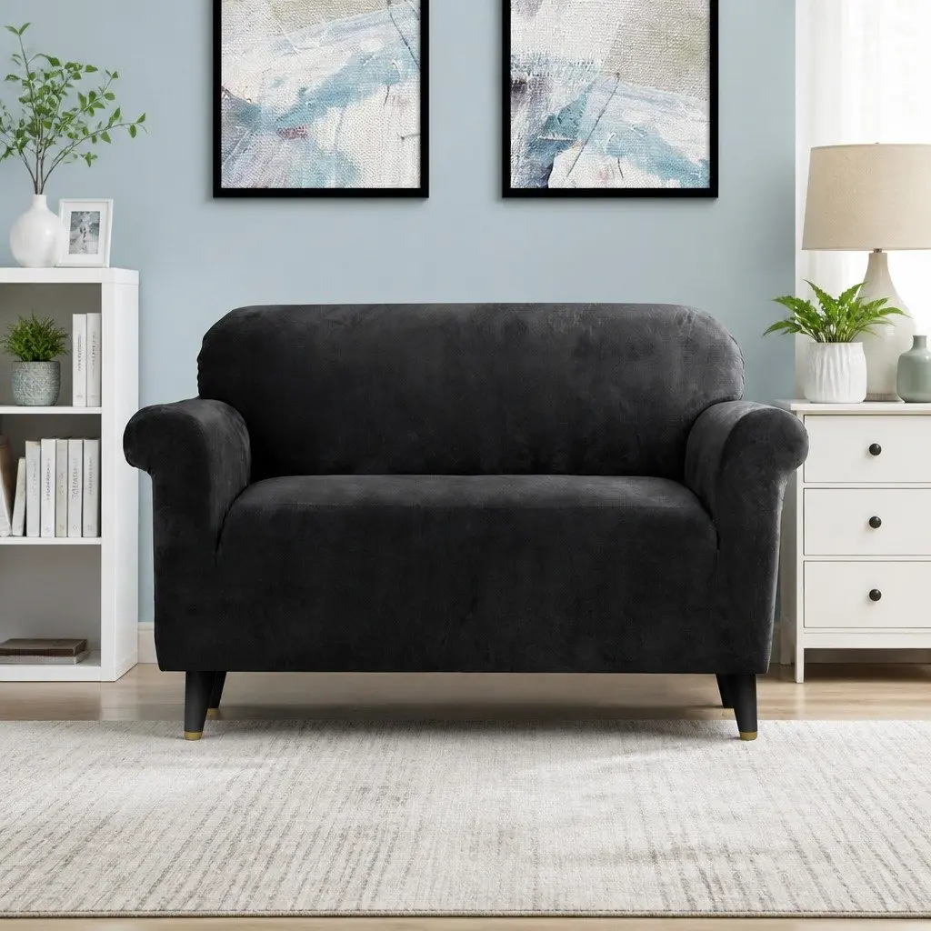 Sofa Cover Velvet 2 Seater Black Stretch Couch Protector Washable Furniture