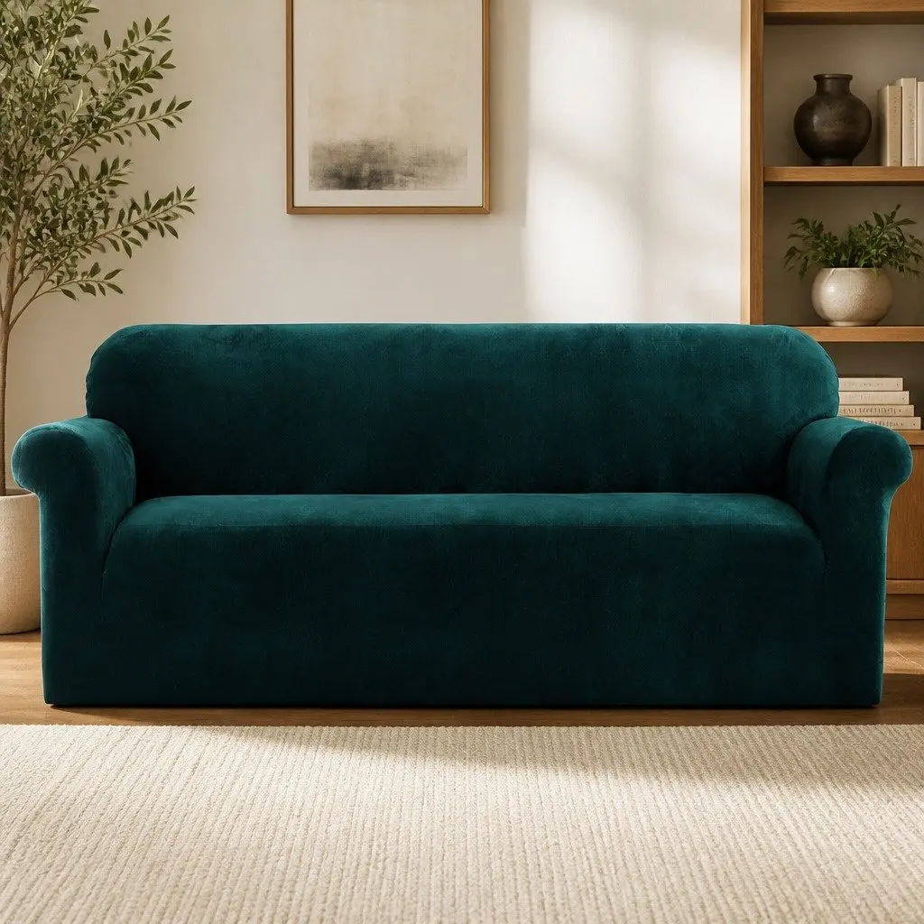 Velvet Stretch Sofa Cover for 4-Seaters in Agate Green