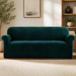 Velvet Stretch Sofa Cover for 4-Seaters in Agate Green