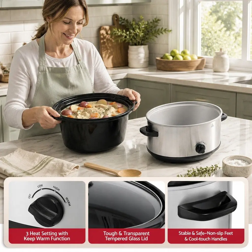 Slow Cooker Electric 6.5L Silver Kitchen
