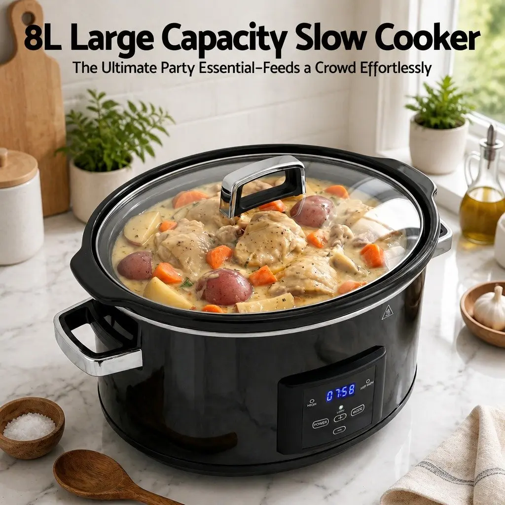 8L Electric Slow Cooker with 3 Heat Settings and Digital Control