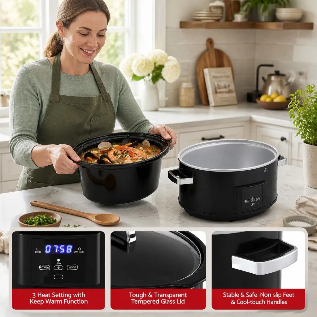 8L Electric Slow Cooker with 3 Heat Settings and Digital Control