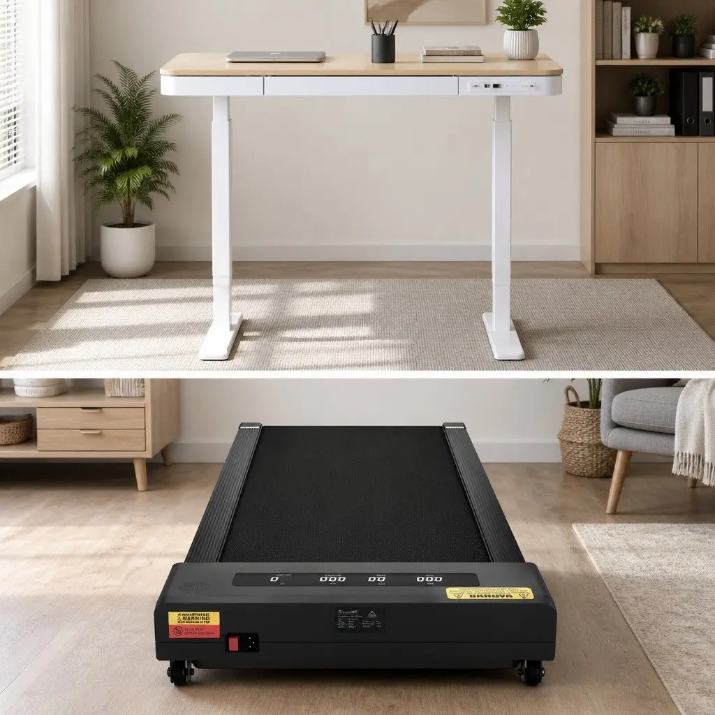 Electric Standing Desk Treadmill Combo Particle Board 120cm White Walnut Black