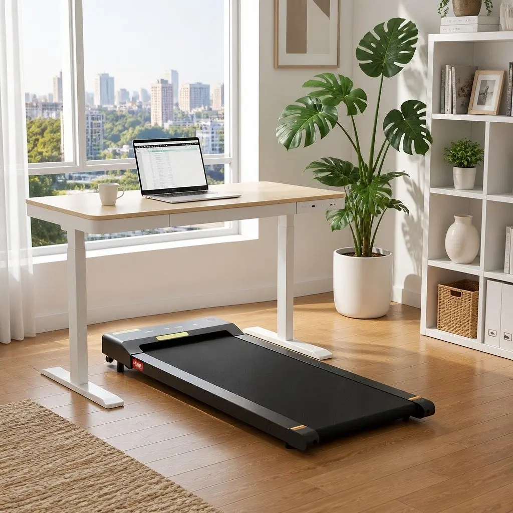 Electric Standing Desk Treadmill Combo Particle Board 120cm White Walnut Black