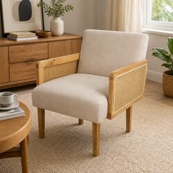 Stylish Rattan Armchair with Linen Cushions and Rubberwood