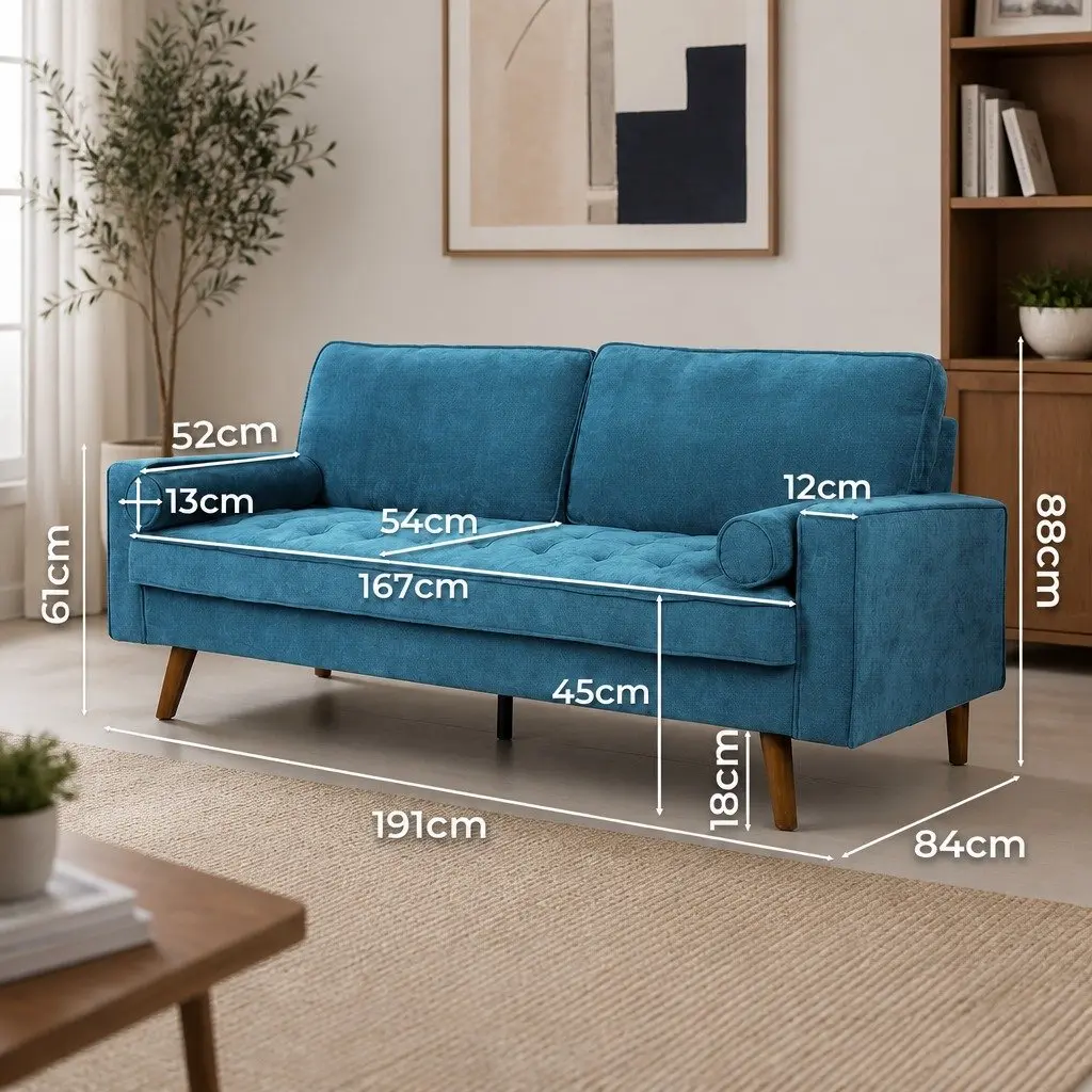 3 Seater Sofa with Bolster Cushions in Blue