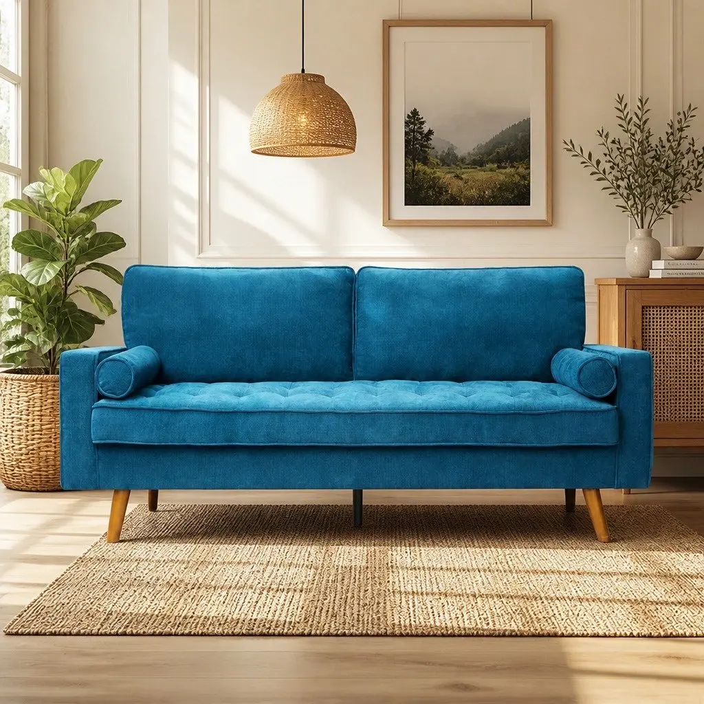 3 Seater Sofa with Bolster Cushions in Blue