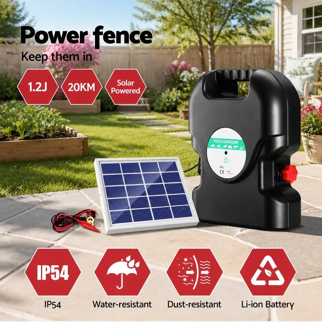 Electric Fence Energiser Solar 20km Range 1.2J Black