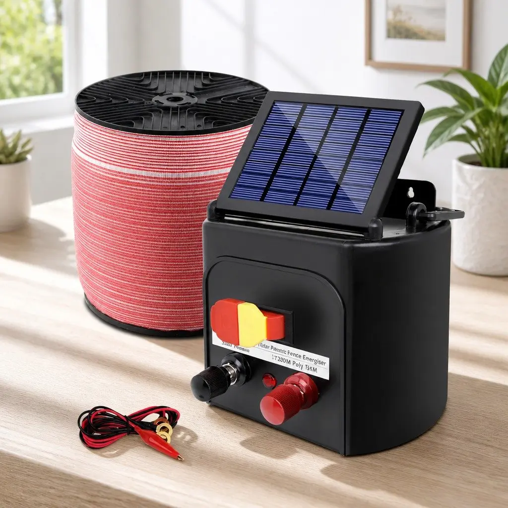 Solar Electric Fence Energiser 5KM Monocrystalline Silicon Black with 1200M Red and White Polytape