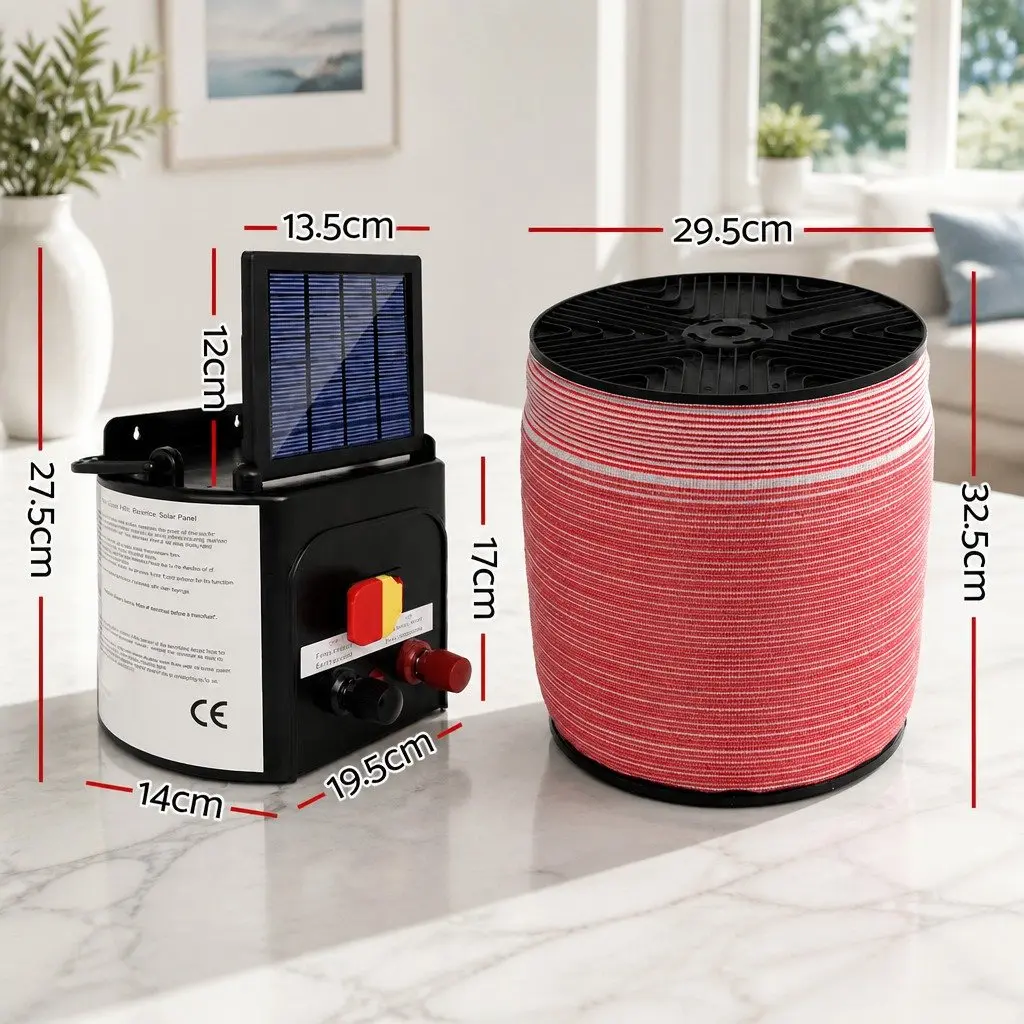 Solar Electric Fence Energiser Monocrystalline 3km Black with 2000m Polytape Red and White