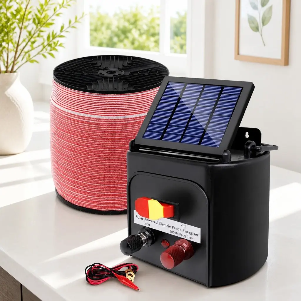 Solar Electric Fence Energiser Monocrystalline 3km Black with 2000m Polytape Red and White