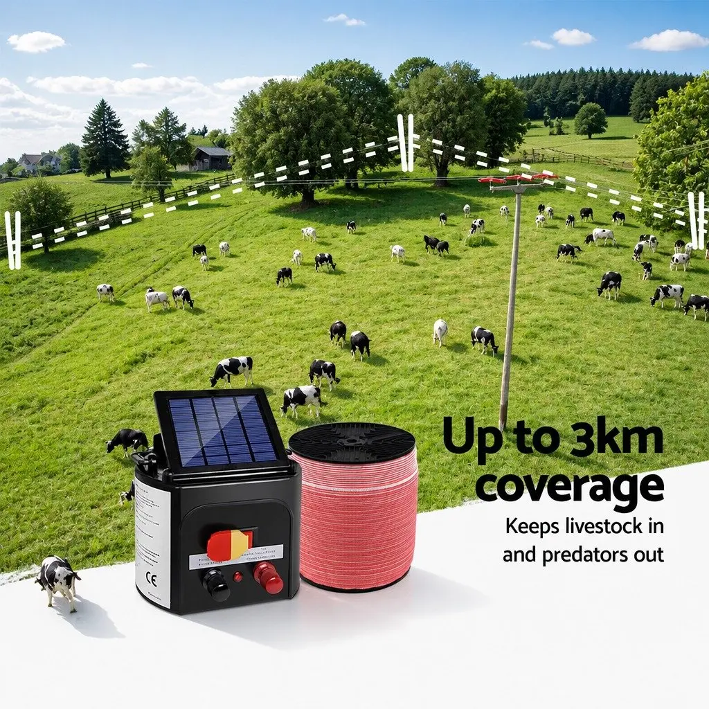 Solar Electric Fence Energiser Monocrystalline 3km Black with 2000m Polytape Red and White