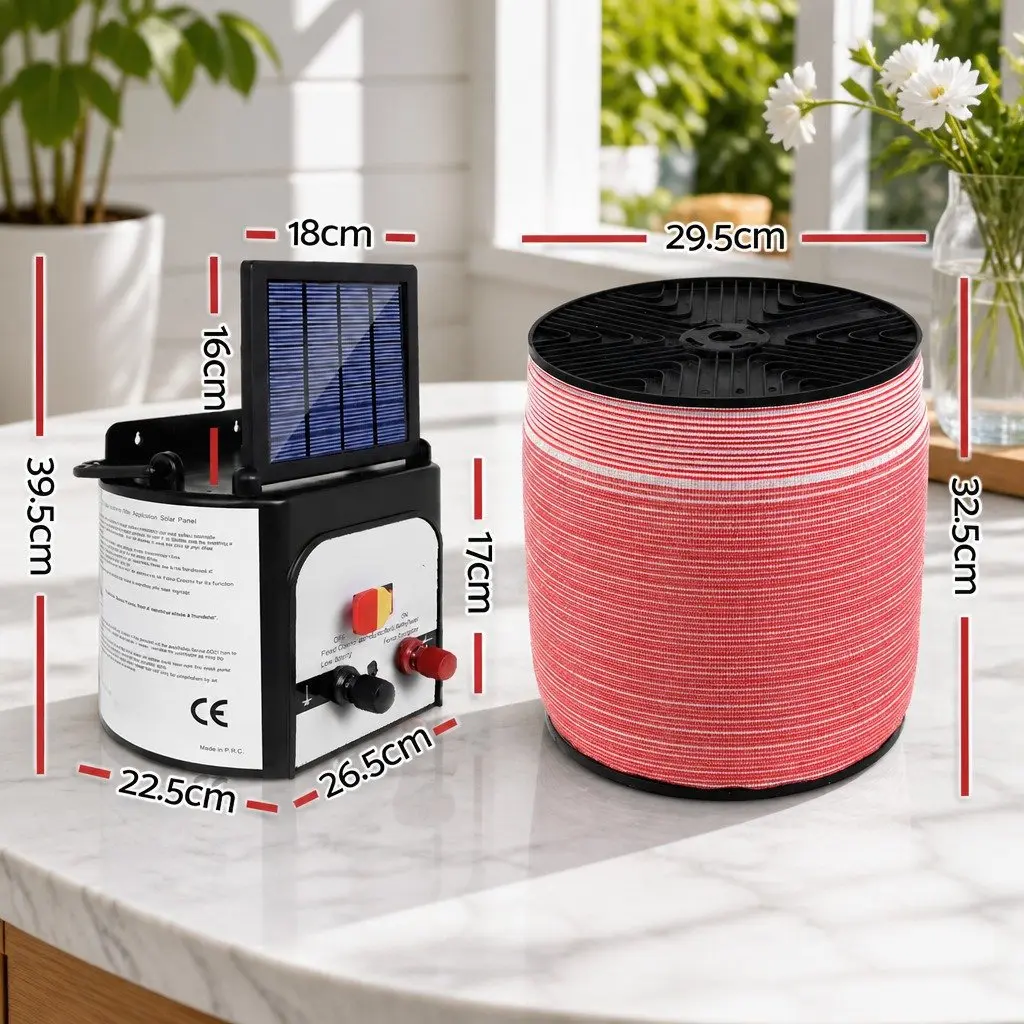 Solar Electric Fence Energiser Monocrystalline Silicon 8km Black and White with 2000m Polytape Red and White