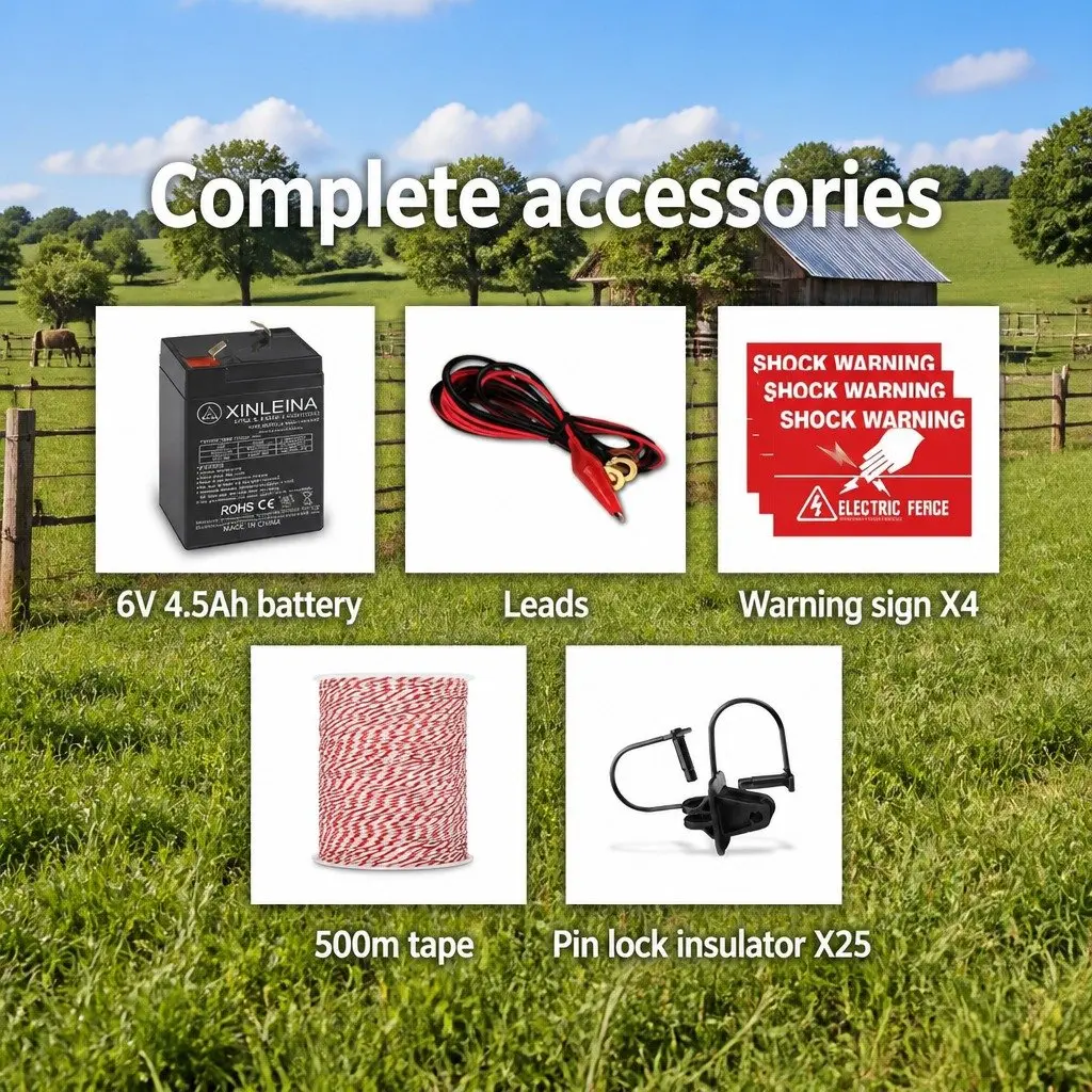 Solar Electric Fence Energiser 3km Monocrystalline Silicon Waterproof Black with 500m Polywire Red and White 9 Strand Stainless Steel Wire