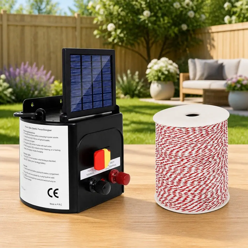 Solar Electric Fence Energiser Monocrystalline Silicon 5km Black with 500m Poly Wire and 25 Post Insulators