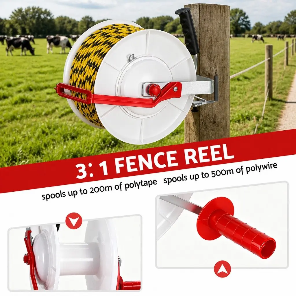 Electric Fence Reel Geared Polywire Fencing Tool Galvanised Frame UV Resistant Plastic Hub White