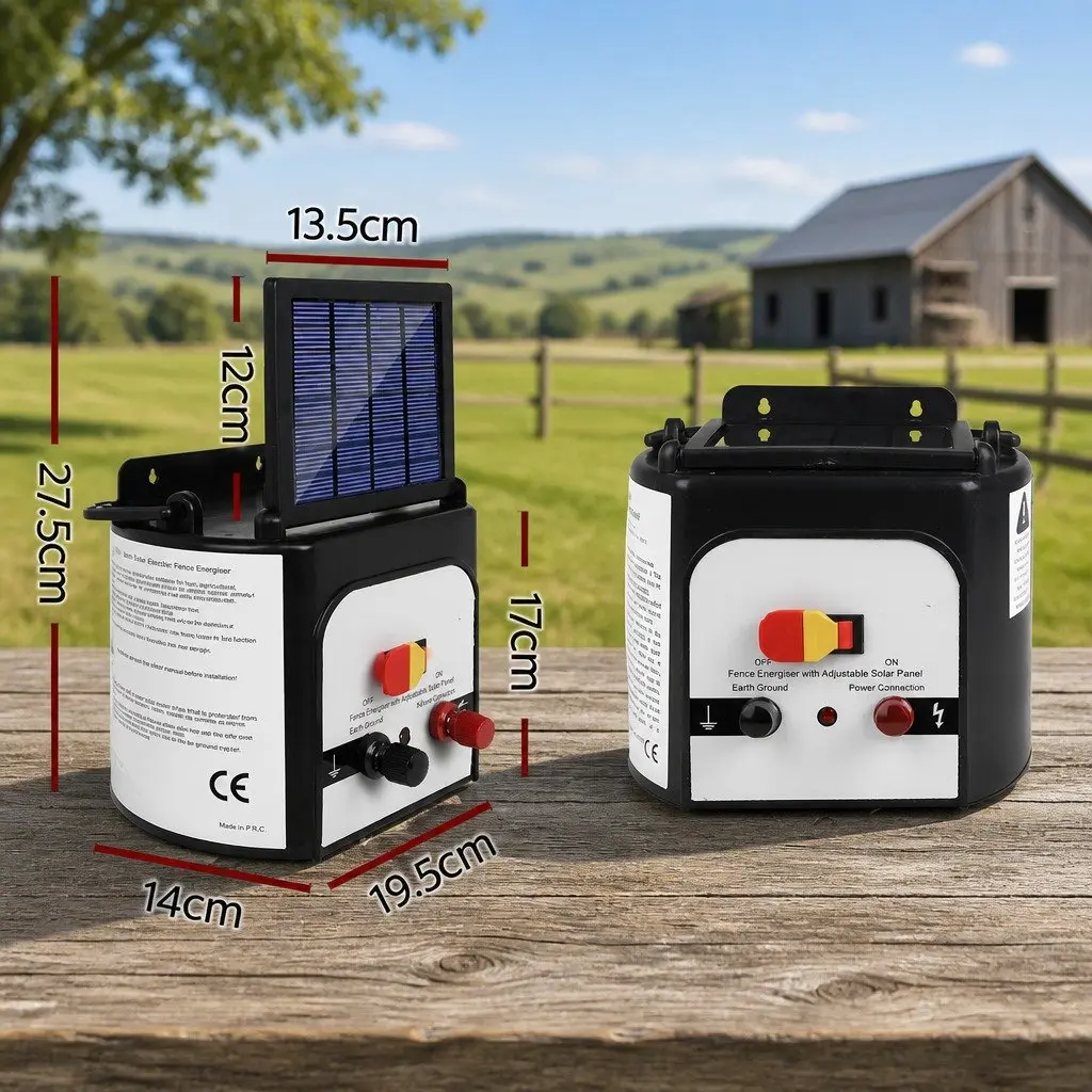 Solar Electric Fence Energiser 8km Monocrystalline Silicon 0.3J Black and White