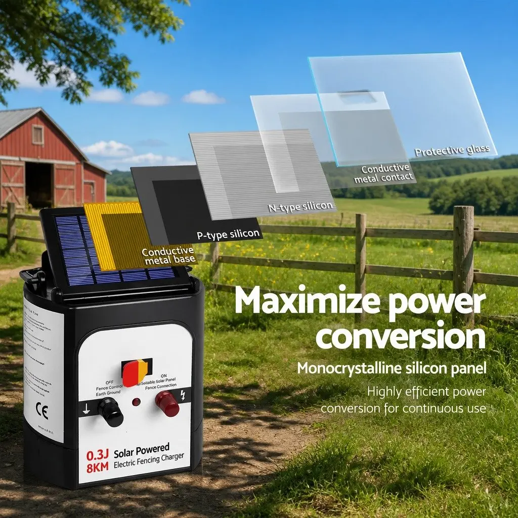 Solar Electric Fence Energiser 8km Monocrystalline Silicon 0.3J Black and White