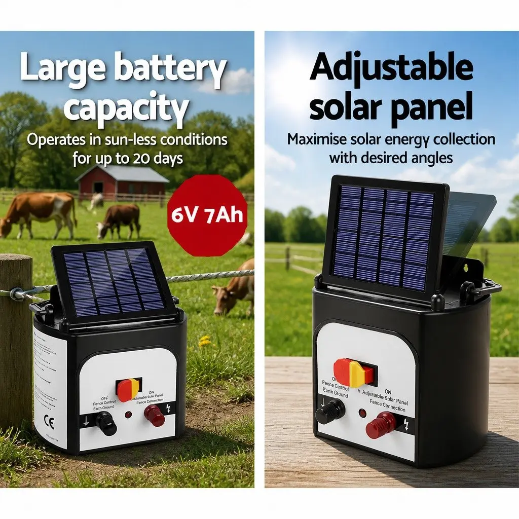 Solar Electric Fence Energiser 8km Monocrystalline Silicon 0.3J Black and White