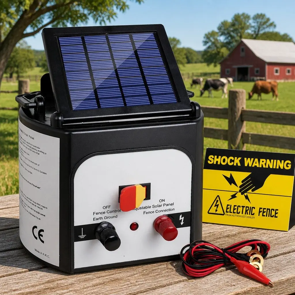 Solar Electric Fence Energiser 8km Monocrystalline Silicon 0.3J Black and White